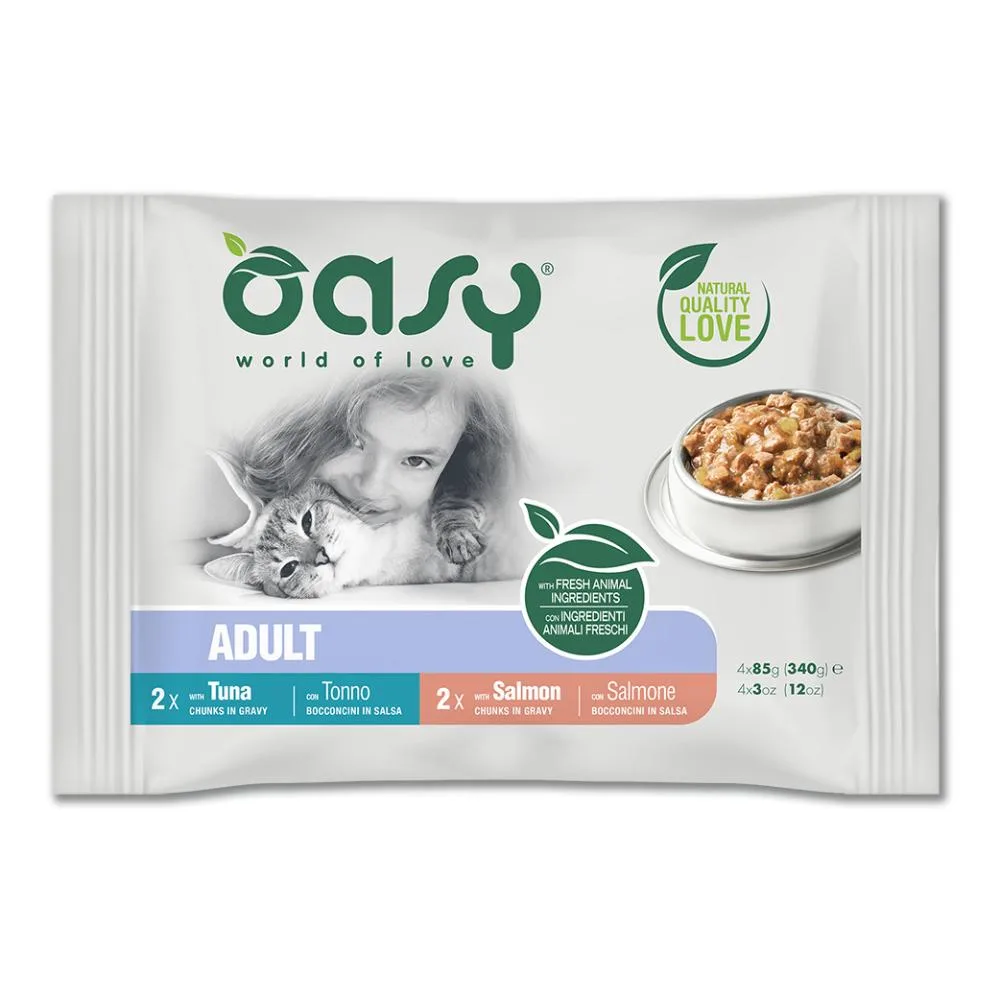 Oasy Gatto Bocconcini Multipack Adulto Tonno+Salmone Cf. (4X85) Gr — confronto prezzi