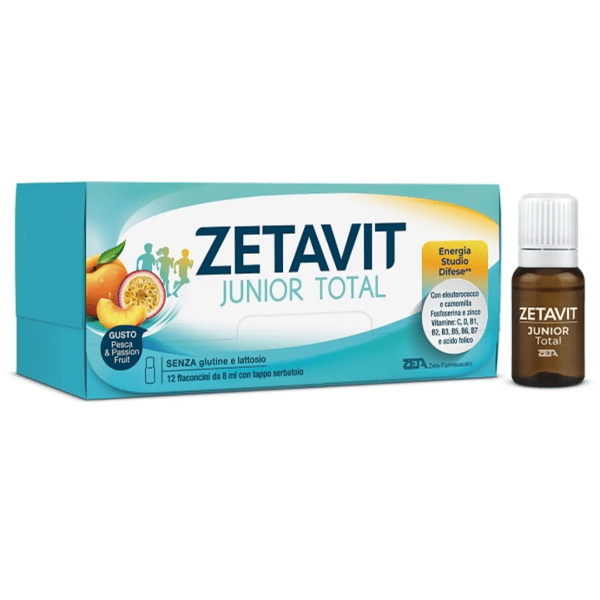 Zetavit Junior Total 12 Flaconcini Gusto Pesca e Fruit Passion Integratore per Energia, Memoria e Sistema Immunitario