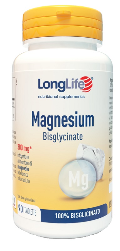 Magnesium Bisglycinate Integratore Magnesio 300mg Senza Glutine Vegan 90 Tavolette - LongLife