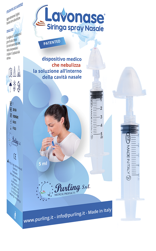 Lavonase siringa spray nasale non sterile 5 ml luer-lock con cappuccio + ugello nasale con raccordo luer-lock + perforatore con valvola non ritorno co