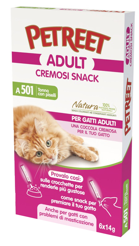 PETREET GATTO ADULT A501 CREMOSI SNACK TONNO PISELLI 14G