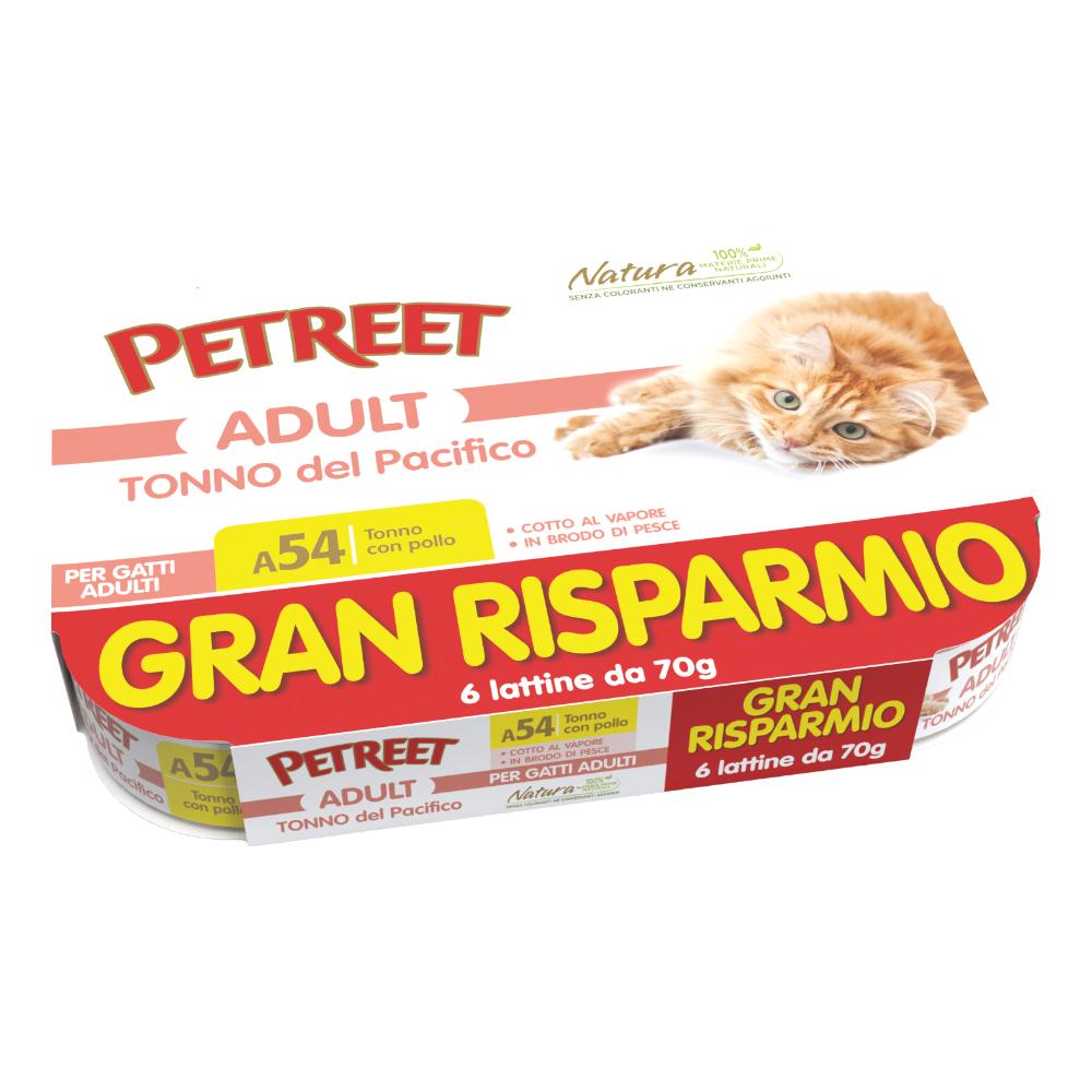 PETREET GATTO ADULT A54 TONNO DEL PACIFICO CON POLLO 6X70GR (lattina) MULTIPACK