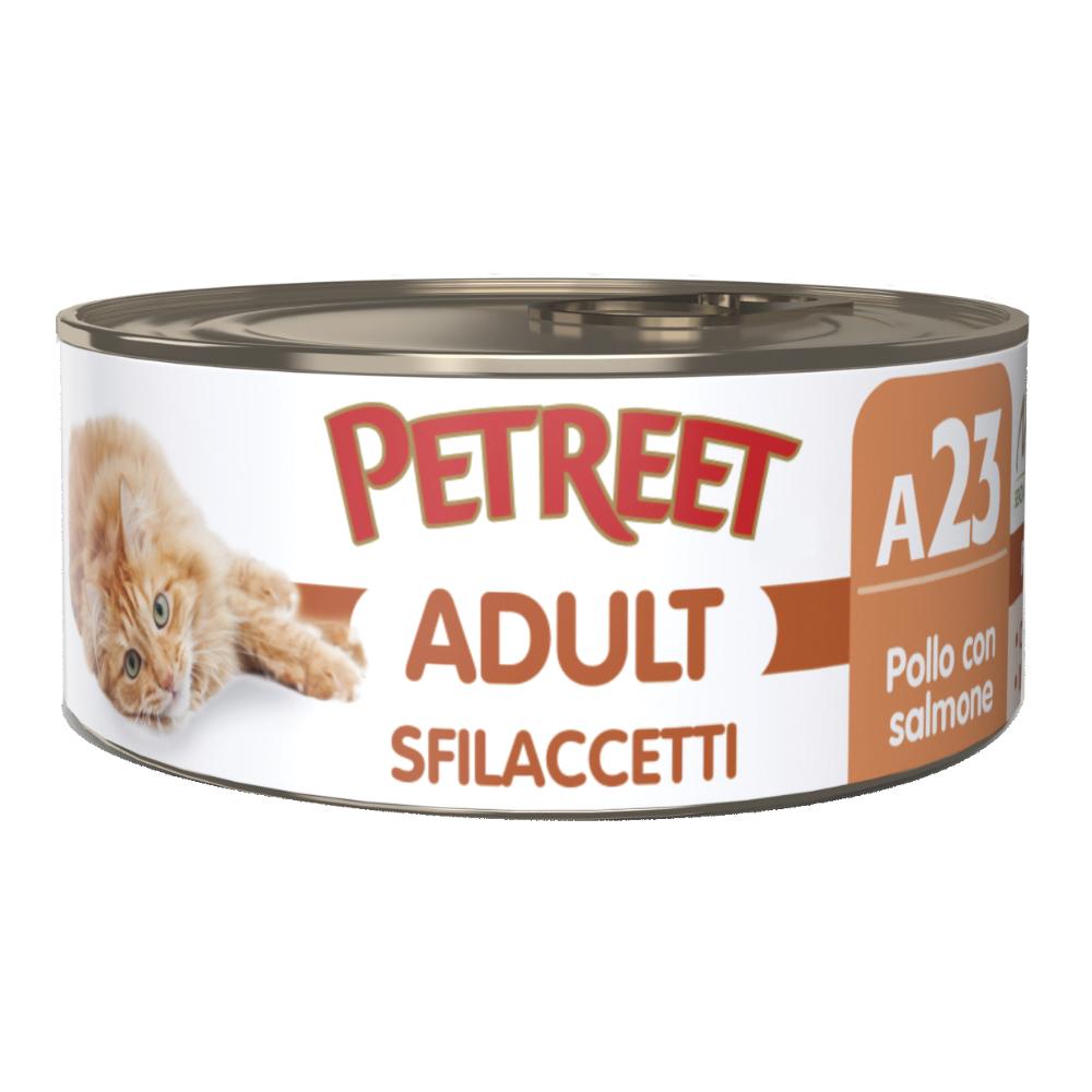 PETREET GATTO ADULT A23 SFILACCETTI POLLO SALMONE 70GR (lattina)