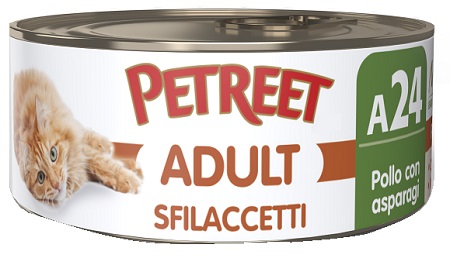 PETREET GATTO ADULT A24 SFILACCETTI POLLO ASPARAGI 70GR (lattina)