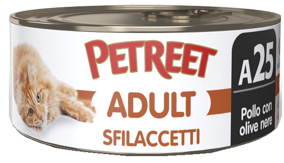 PETREET GATTO ADULT A25 SFILACCETTI POLLO OLIVE NERE 70GR (lattina)
