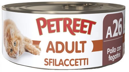 PETREET GATTO ADULT A26 SFILACCETTI POLLO FEGATINI 70GR (lattina)