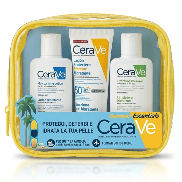 Cerave Summer Pochette Viaggio con Detergente Idratante 88 ml + Protezione Solare SPF 50+ 75 ML + Lozione Idratante 88 ml