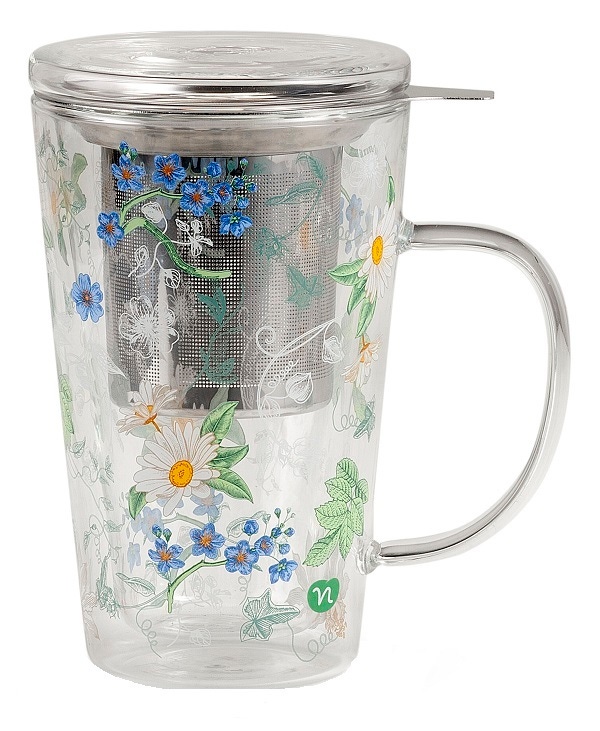 Neavita Herbarium - Tazza Infusiera Vetro con Fiori Capacità 300ml, 1 Pezzo