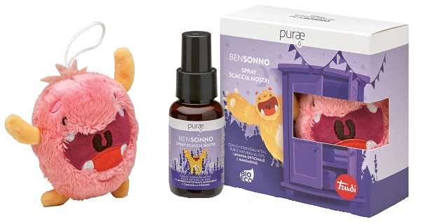 Purae BenSonno Spray Scacciamostri Benessere del Sonno Spray Ambiente 75ml + Peluche Trudi Rosa
