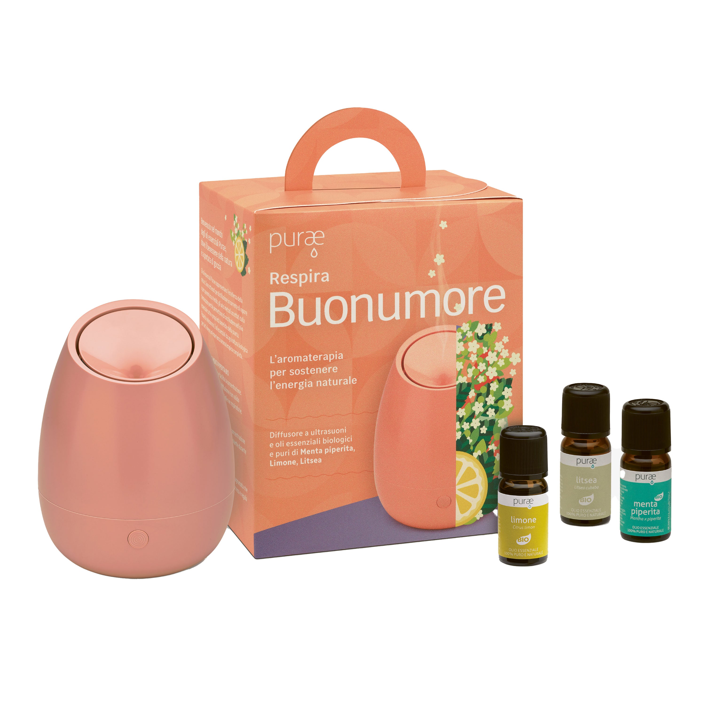 Purae - Kit Respira Buonumore Con Diffusore + 3 Oli Essenziali