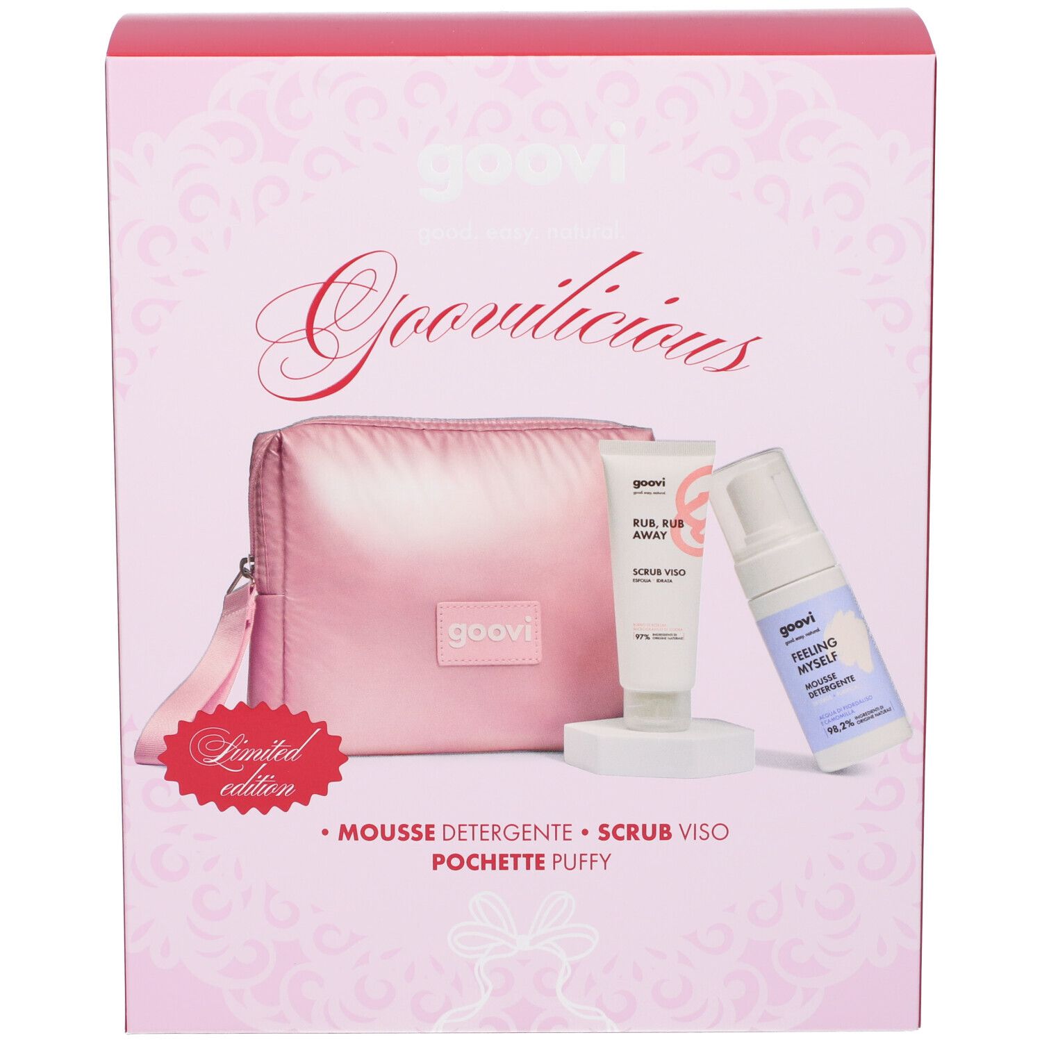 Goovi Cofanetto Regalo Natale Detersione Scrub Viso + Mousse Detergente Pochette Omaggio 1 pz Set