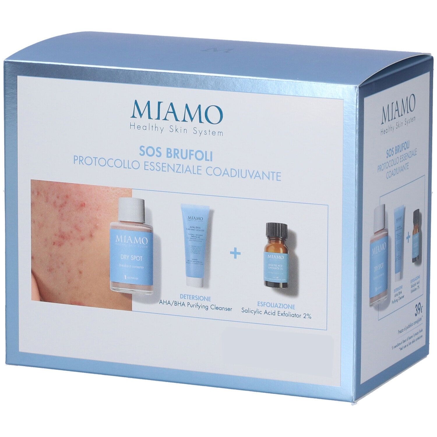 Miamo cofanetto sos brufoli dry spot 30 ml + omaggi aha/bha 50 ml e cleansing masque 15 ml