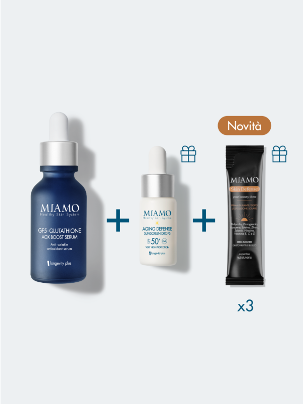 Miamo Protocollo Aox Boost&protect - Protocollo antirughe e colorito spento - GF5 Glutathione siero 30 ml + Aging Defense Sunscreen Drops 10 ml + 3 bustine Skin Defense