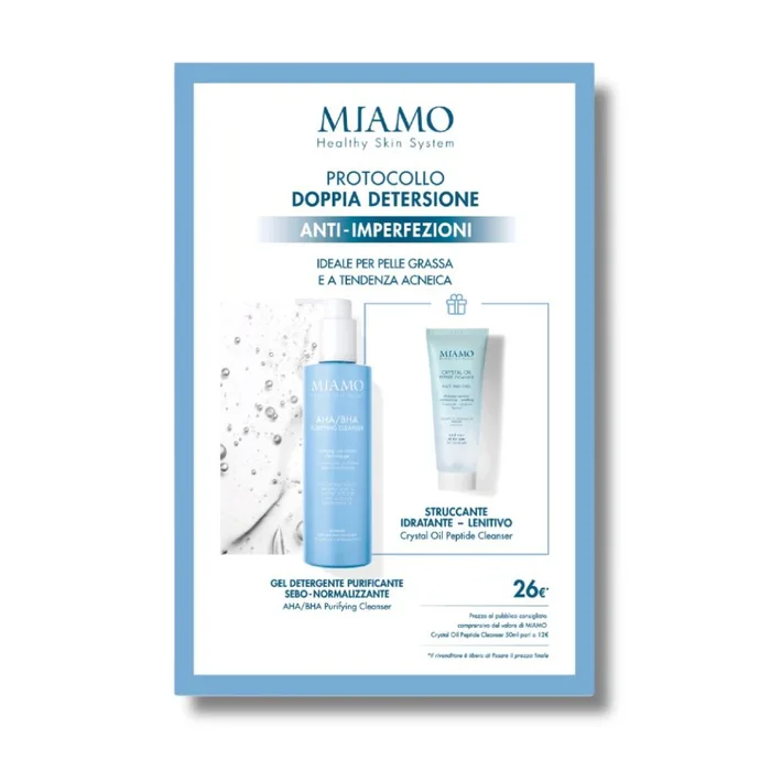 Miamo 2026 cofanetto detersione anti imperfezione 1 aha/bhapurifying cleanser 250 ml + 1 crystal oil peptide cleanser 50 ml + 1 omaggio lavette bambu'