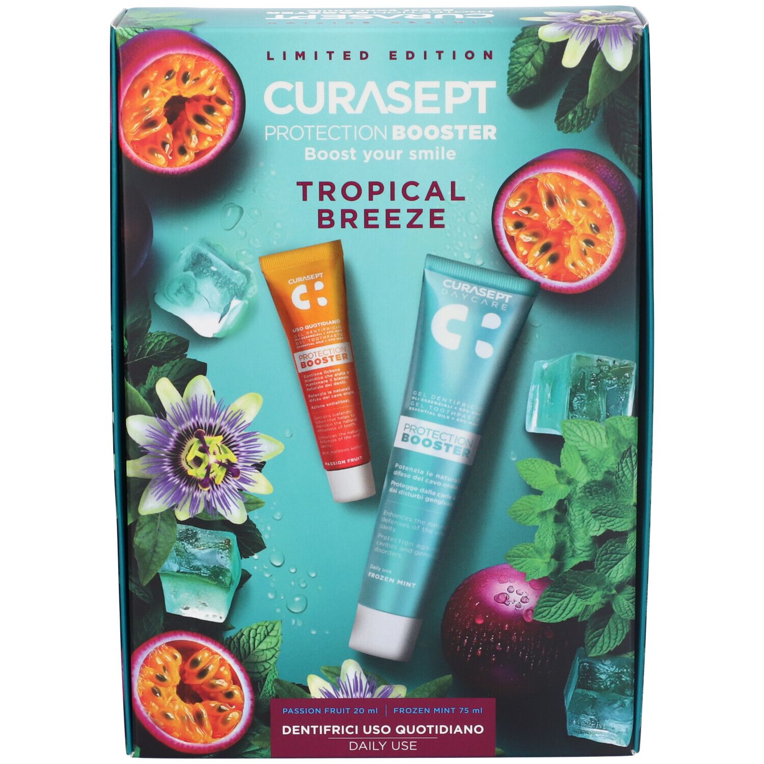 Curasept Tropical Breeze Protection Booster Set Dentifricio Frozen Mint + Passion Fuit 95 ml
