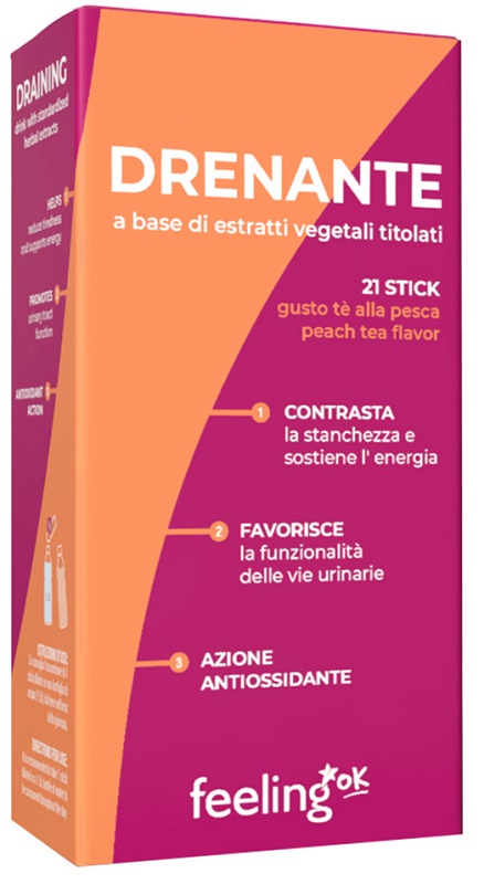 Feeling Ok Drenante Integratore per il drenaggio dei liquidi corporei gusto pesca, 21 stick