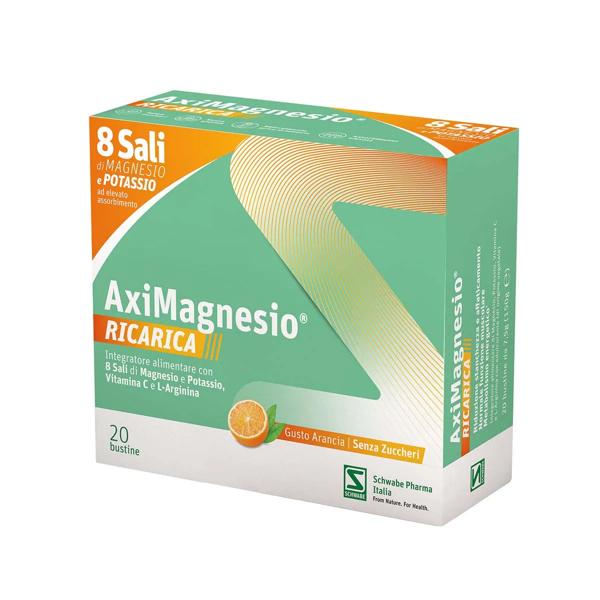 AxiMagnesio Ricarica 8 Sali 20 Bustine Gusto Arancia Integratore di Magnesio e Potassio, Vitamina C e L-Arginina