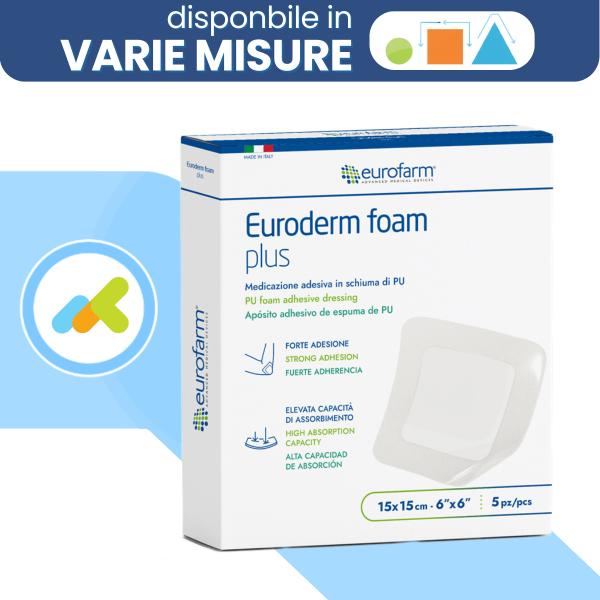 Eurofarm - Euroderm Foam Plus | Medicazione Adesiva In Schiuma Di Poliuretano | Impermeabile Ai Liquidi E Batteri Cf 15cm X 15cm 5 Pezzi