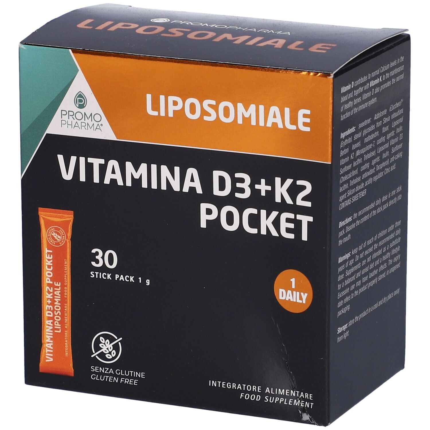 Promopharma Vitamina D3+K2 Liposomiale Integratore Ossa Sistema Immunitario 30 Stick