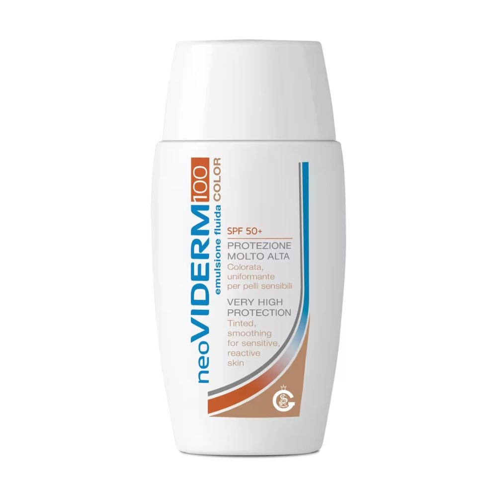 neoVIDERM 100 Emulsione Fluida Color SPF 50+ Protezione Molto Alta per Pelli Sensibili e Reattive con Scottature Solari Ustioni e Trattamenti Radioterapici, 50ml