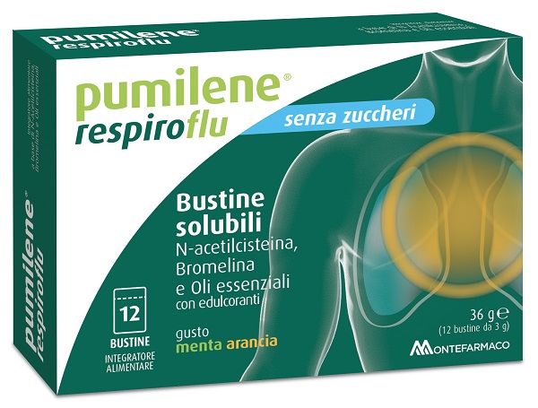 Pumilene RespiroFlu - Integratore Alimentare Vie Respiratorie Senza Zuccheri, 12 bustine