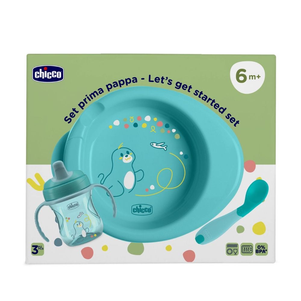 Chicco Set Prima Pappa Piatto + Tazza + Cucchiaio Colore Azzurro 6m+ — confronto prezzi
