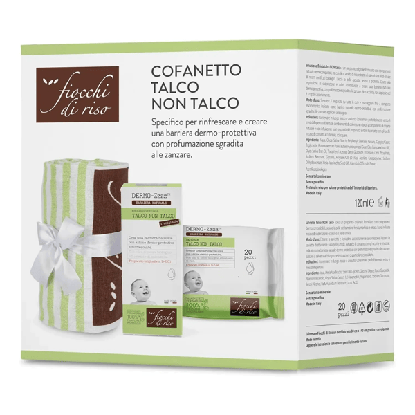 Fiocchi di Riso Cofanetto Talco Non Talco Emulsione 120 ml + 20 Salviette Azione Dermo-protettiva Rinfrescante
