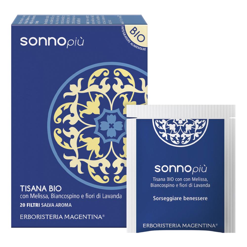 Tisana Sonno Più - Erboristeria Magentina - 20 filtri - Integratore alimentare a base di Melissa e Biancospino utili per favorire il rilassamento e il benessere mentale, Tiglio indicato per un fisiologico sonno e in caso di stress e con Lavanda