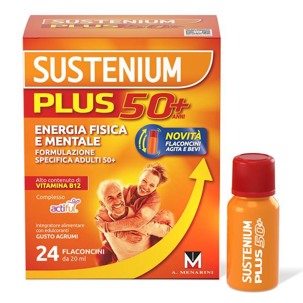 Sustenium Plus 50+ Integratore per Energia Fisica e Mentale Gusto Agrumi 24 Flaconi