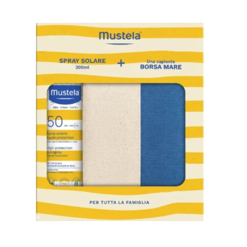 Mustela Spray solare con borsa mare - Set solare SPF 50 per la protezione di viso e corpo, 200 ml