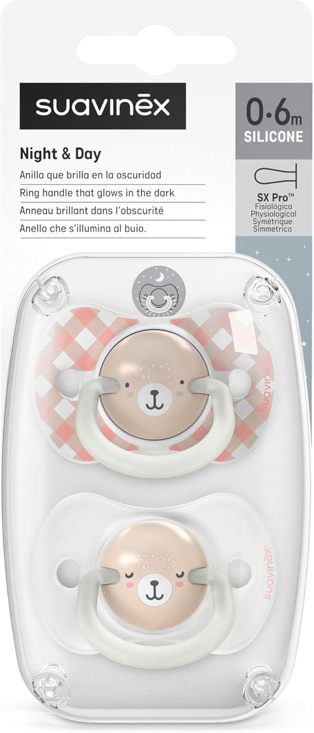 Suavinex Night & Day Succhietti Sx Pro Fosforescenti 0-6 Mesi In Silicone Rosa 2 Pezzi