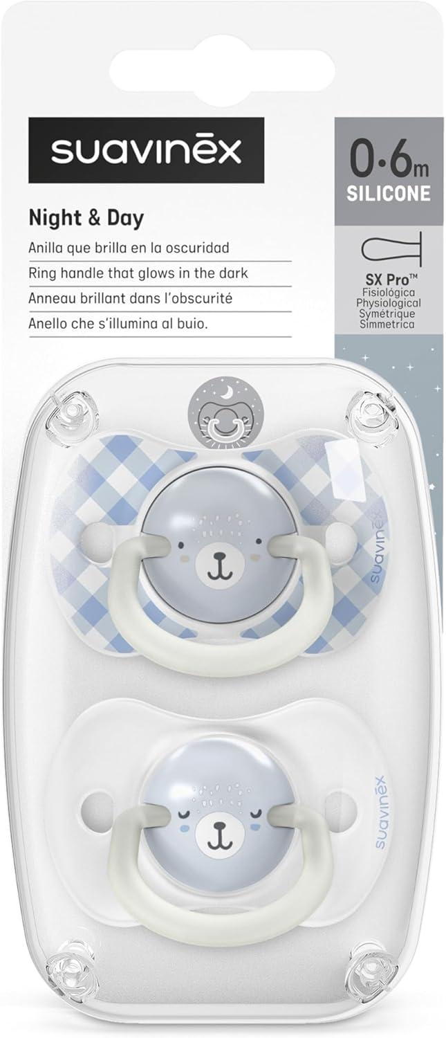 Suavinex Night & Day Succhietti Sx Pro Fosforescenti 0-6 Mesi In Silicone Azzurro 2 Pezzi