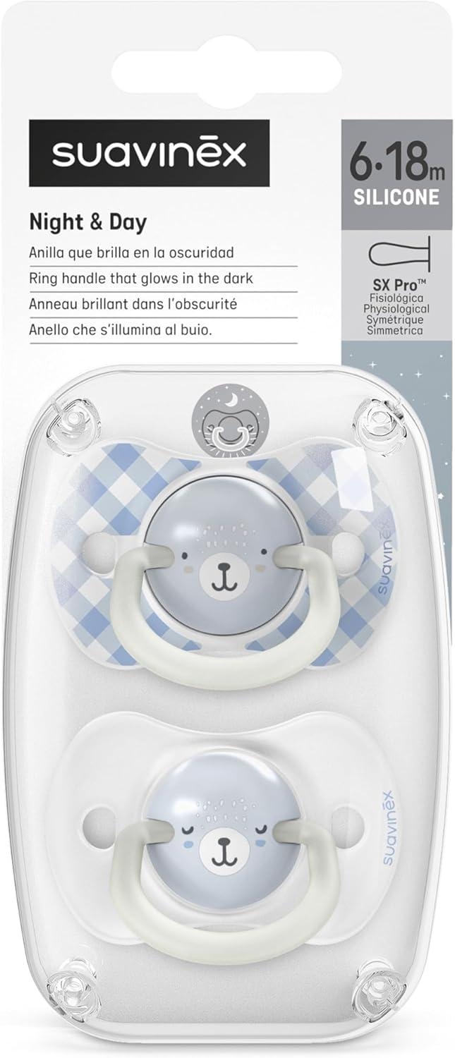 Suavinex Night & Day Succhietti Sx Pro Fosforescenti 6-18 Mesi In Silicone Azzurro 2 Pezzi