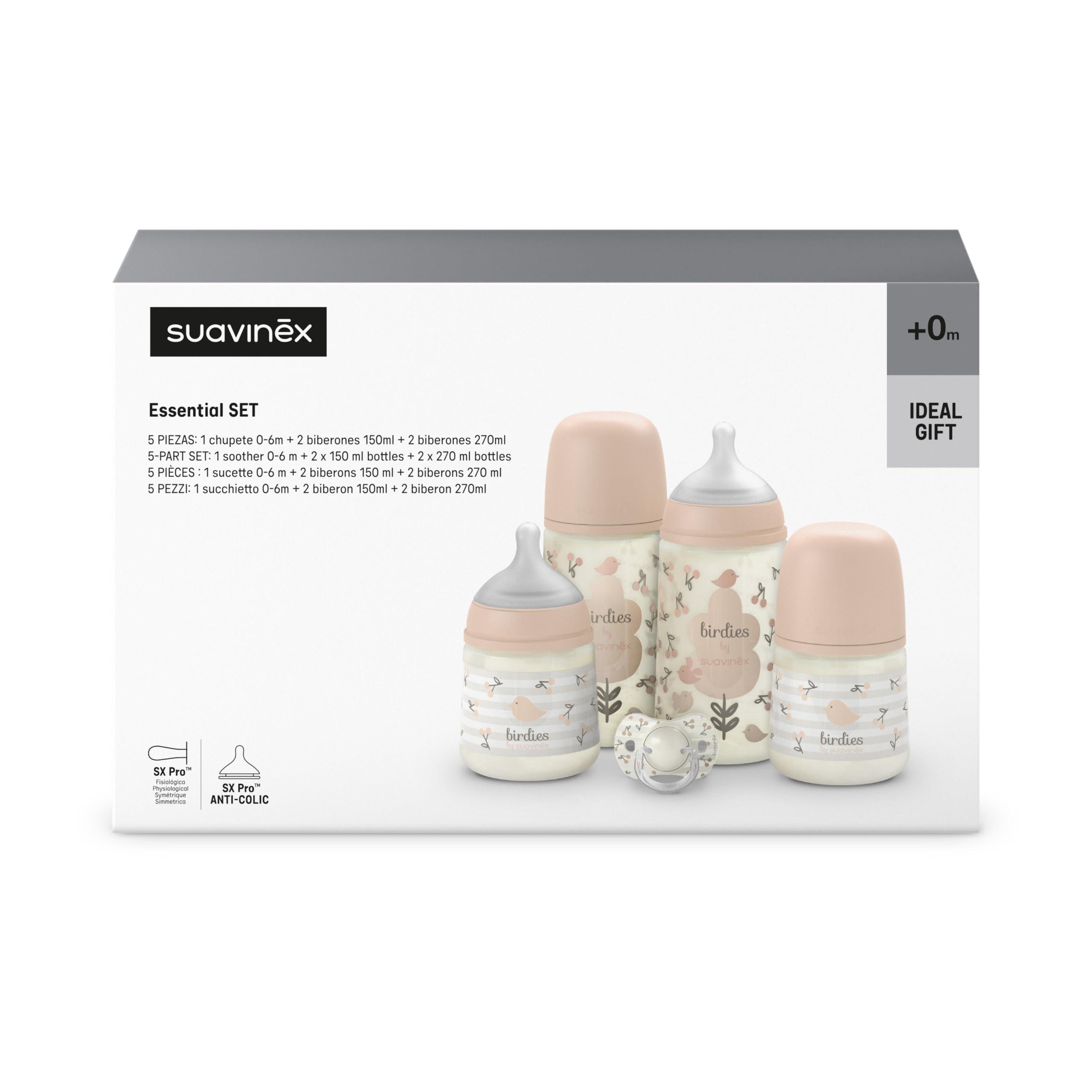 Suavinex Birdies Essential Set Regalo 4 Biberon (2 Da 150ml, 2 Da 270ml) E Succhietto Sx Pro 0-6 Mesi Rosa