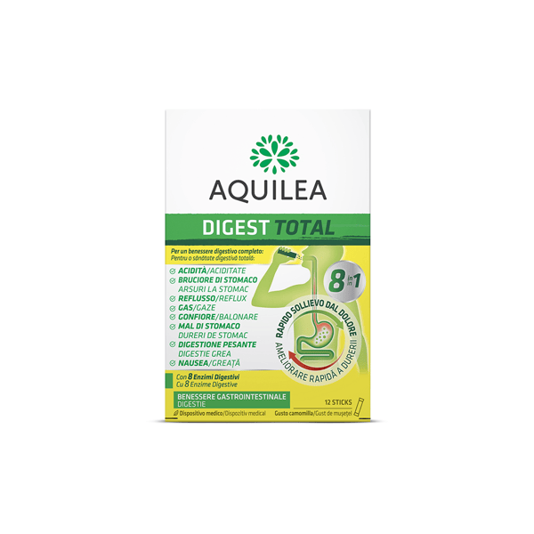 Aquilea Digest Total 8 in 1 Dispositivo Medico per il Benessere Gastrointestinale 12 Stick Gusto Camomilla