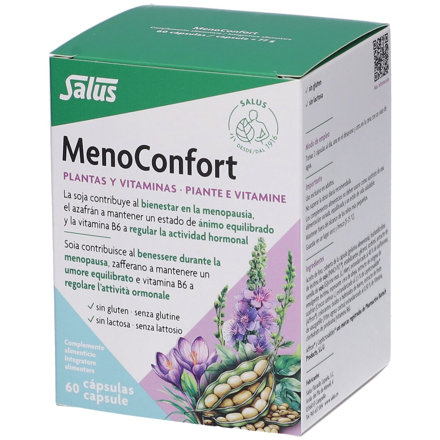 Salus MenoConfort - 60 Capsule - Integratore per Menopausa: Contrasta Vampate, Sbalzi d'Umore e Sudorazioni con Isoflavoni di Soia e Zafferano