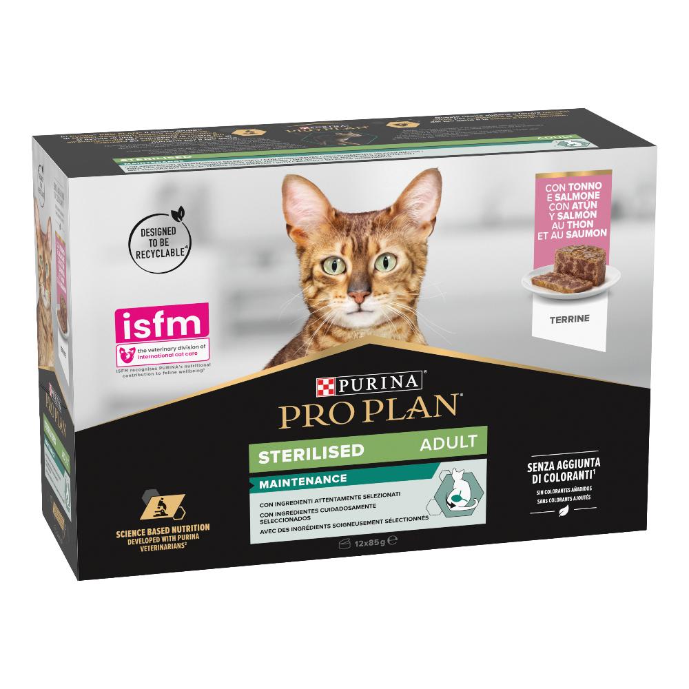 NESTLE' PURINA PRO PLAN GATTO STERILISED MAINTENANCE TONNO/SALMONE 12x85GR (lattina) MULTIPACK — confronto prezzi