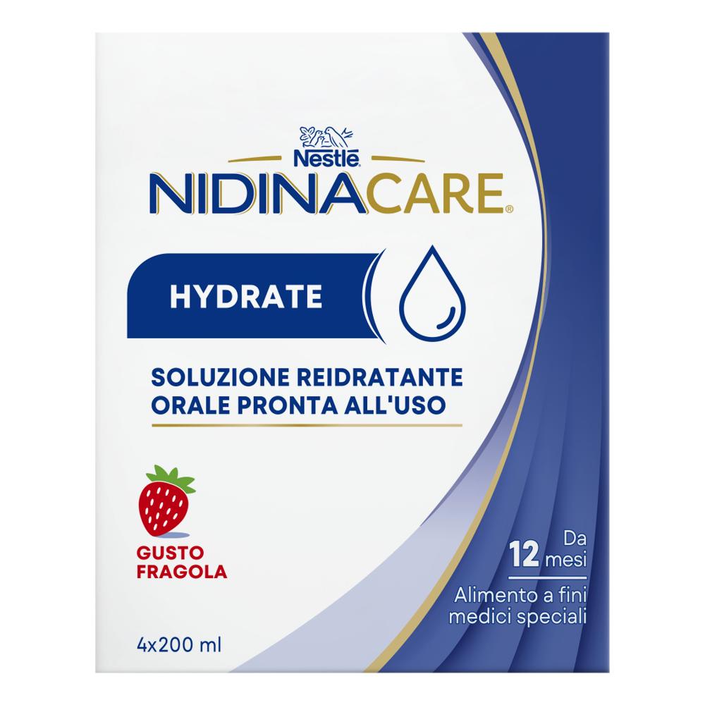 Nidinacare Hydrate Soluzione Reidratante Orale Pronta All'uso Alimento A Fini Medici Speciali Gusto Fragola 4 Brick Da 200ml