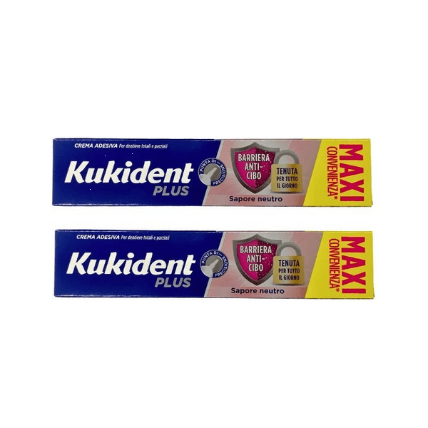 Kukident Plus Barriera Anti Cibo Sapore Neutro Crema Adesiva Bipacco Da 57 gr