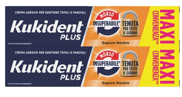Kukident Plus Morso Insuperabile Sapore Neutro Crema Adesiva Per Dentiere Totali E Parziali Bipacco 2 X 57 Grammi