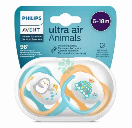 Avent ultra air animals succhietto penguin/turtle maschio 6-18 mesi 2 pezzi