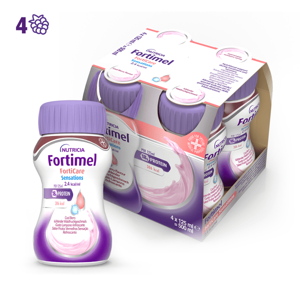 Fortimel Forticare Sensations, Lampone Rinfrescante, Ipercalorico e Iperproteico, 4x125ml