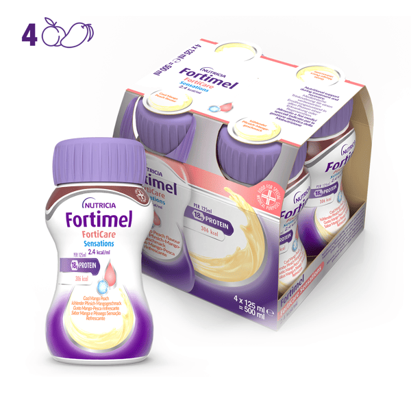 Fortimel Forticare Sensations, Pesca Mango Rinfrescante, Ipercalorico e Iperproteico, 4x125ml