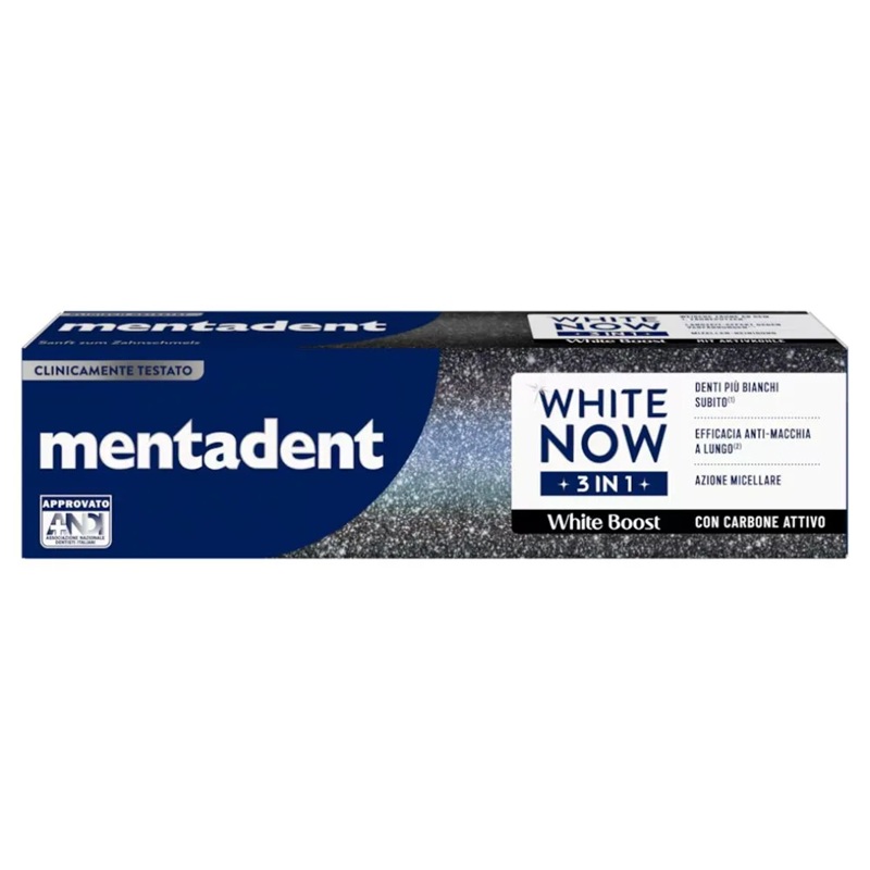 Mentadent White Now 3 in 1 White Boost Dentifricio Sbiancante con Carbone Attivo, 75ml