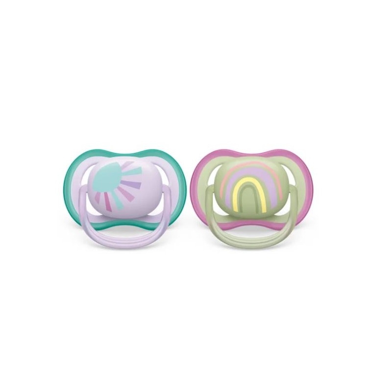 Avent Succhietto Ultra Air - 2 Succhietto Ortodontici In Silicone 0-6 Mesi Sole E Arcobaleno