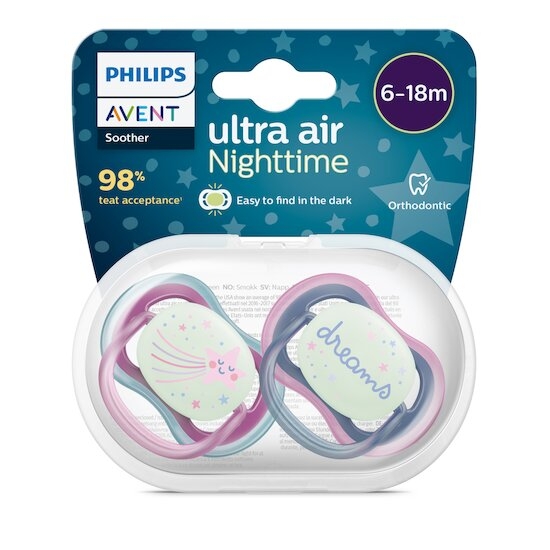 Avent Ultra Air Night Succhietto In Silicone 6 18m Fantasie Assortite 2 Pezzi