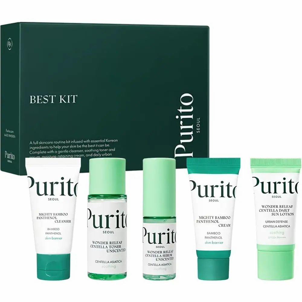 PURITO Seoul Best Kit – Set da viaggio per idratazione, lenitivo e protezione UV 105 ml