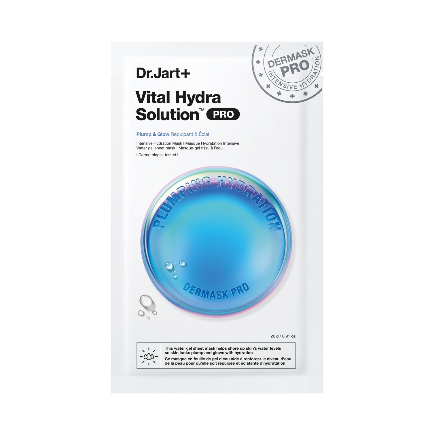 dr.jart+ vital hydra solution - dermask pro maschera viso rimpolpante e illuminante in tessuto, 1 maschera