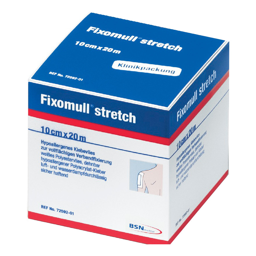 Fascia autoadesiva ipoallergenica fissaggio cateteri fixomull stretch. supporto in poliestere non tessuto bianco, massa in policarbonato senza resine