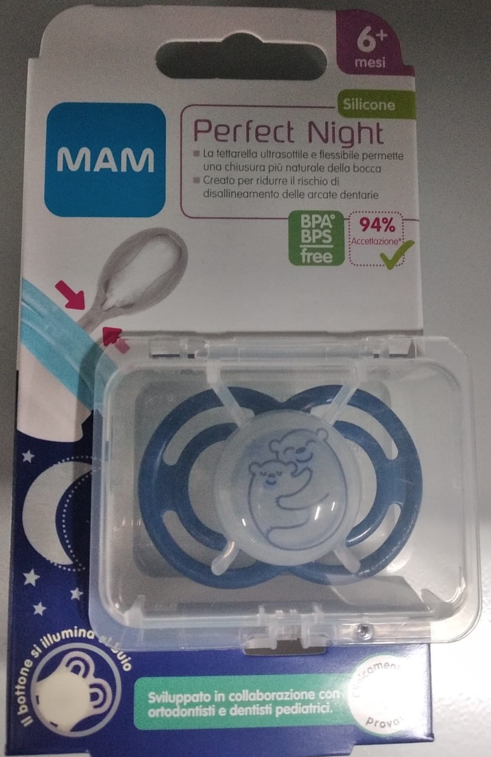 Mam Perfect Night 6m+ Succhietto Ortodontico In Silicone Con Box Sterilizzante Colore Azzurro
